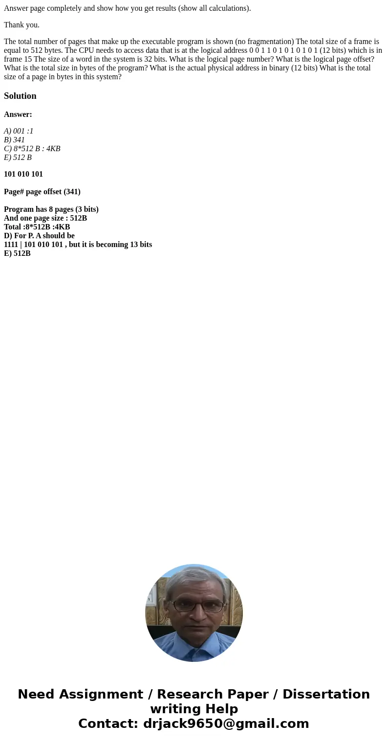 Answer page completely and show how you get results (show all calculations). Thank you. The total number of pages that make up the executable program is shown (