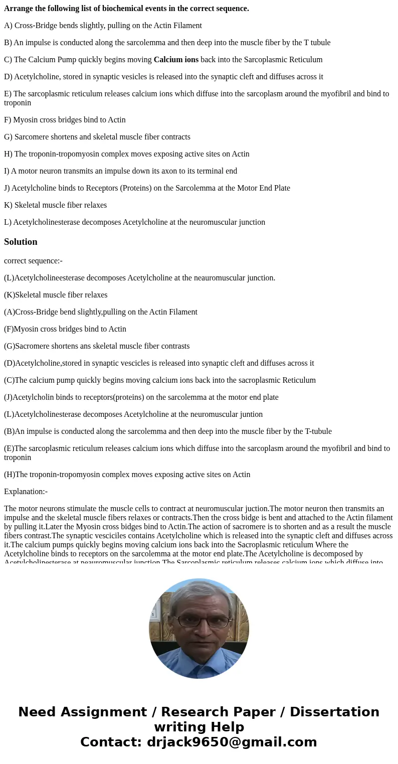 Arrange the following list of biochemical events in the correct sequence. A) Cross-Bridge bends slightly, pulling on the Actin Filament B) An impulse is conduct Arrange the following list of biochemical events in the correct sequence. A) Cross-Bridge bends slightly, pulling on the Actin Filament B) An impulse is conduct