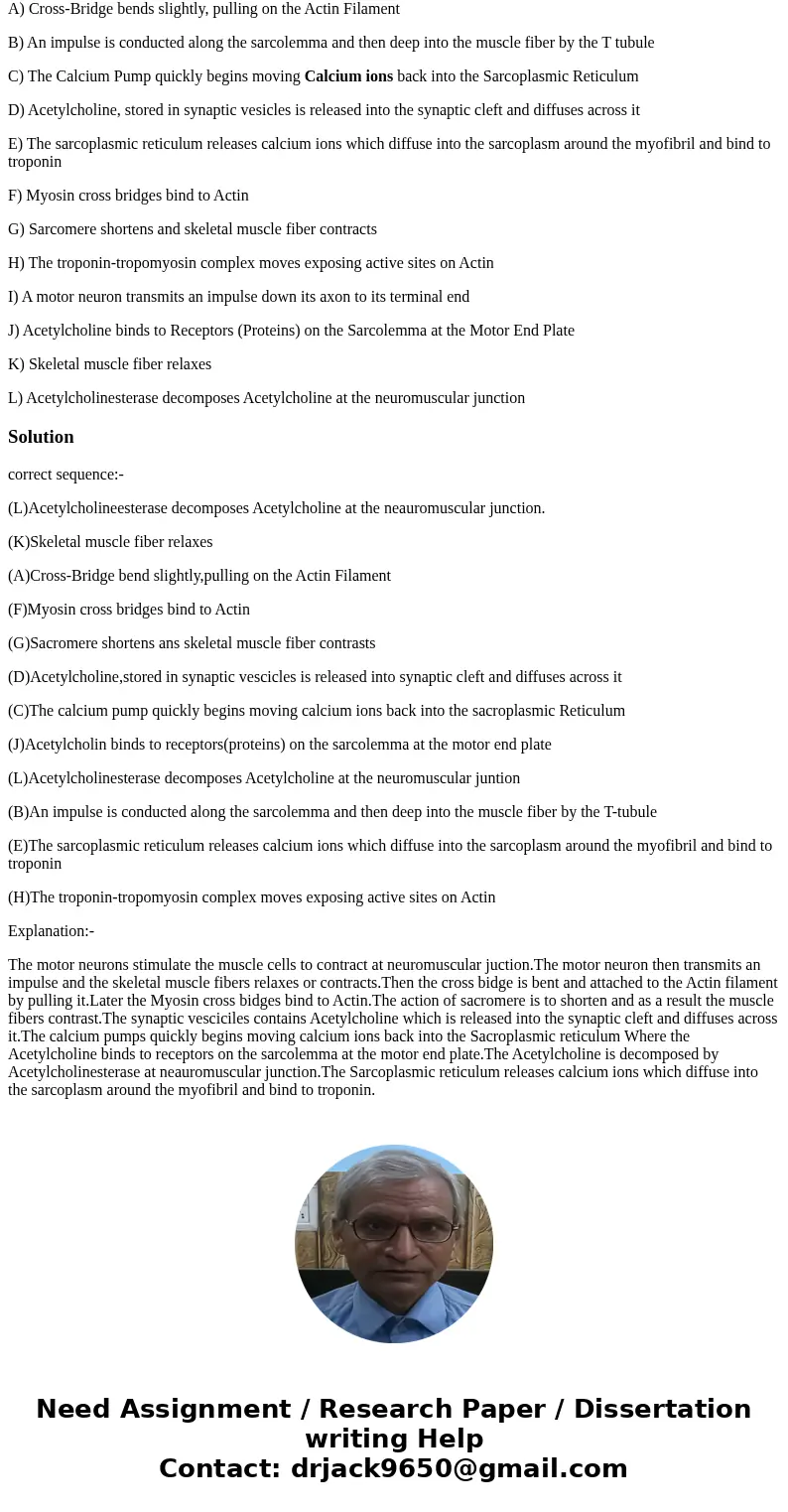 Arrange the following list of biochemical events in the correct sequence. A) Cross-Bridge bends slightly, pulling on the Actin Filament B) An impulse is conduct Arrange the following list of biochemical events in the correct sequence. A) Cross-Bridge bends slightly, pulling on the Actin Filament B) An impulse is conduct