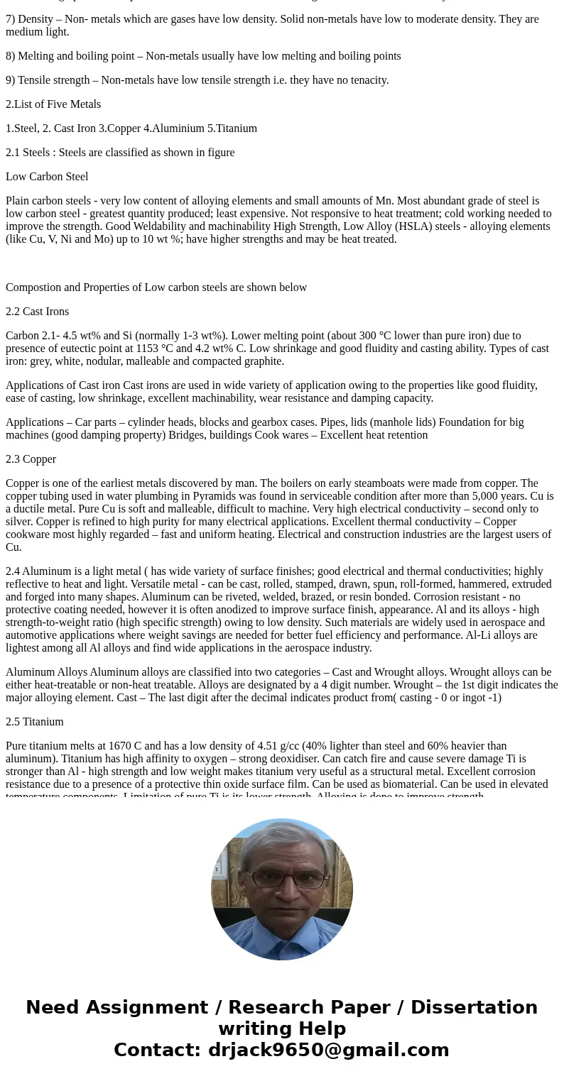 Assignment 1 is to find at least 5 metals and 5 nonmetals used in today\'s manufacturing processes. Please provide a description of the material, a picture of   Assignment 1 is to find at least 5 metals and 5 nonmetals used in today\'s manufacturing processes. Please provide a description of the material, a picture of