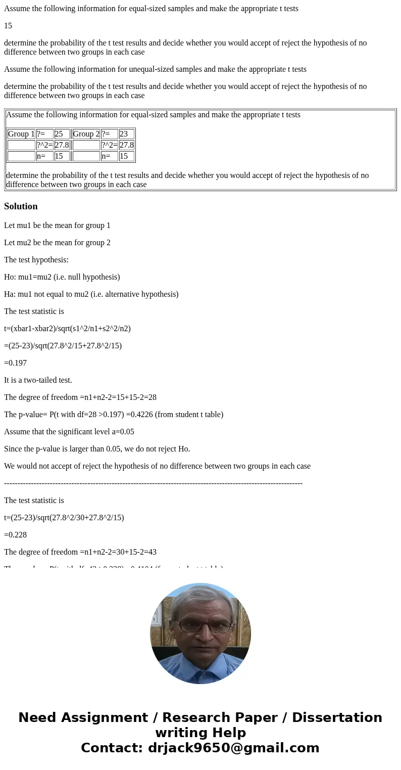 Assume the following information for equal-sized samples and make the appropriate t tests 15 determine the probability of the t test results and decide whether 
