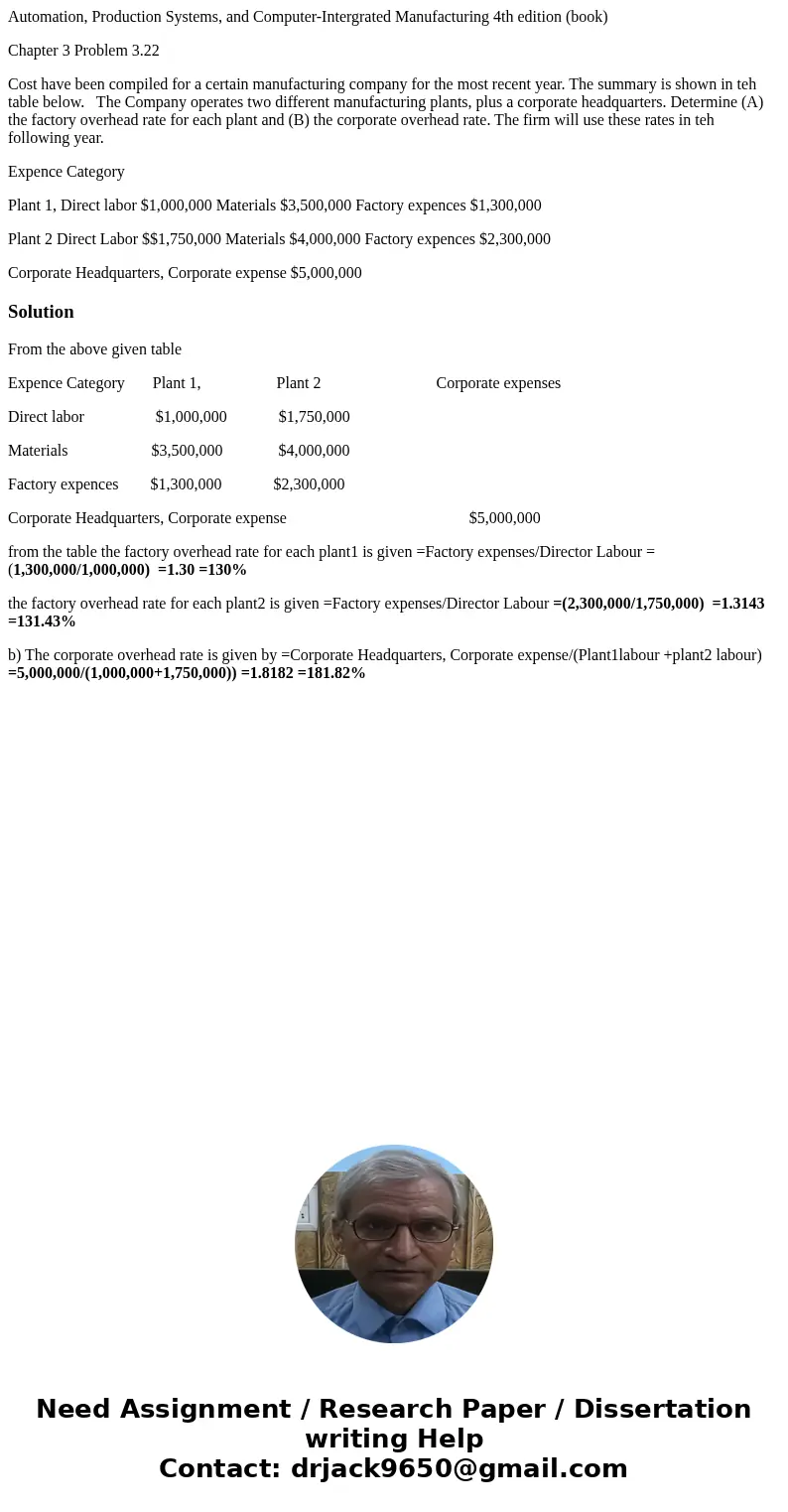 Automation, Production Systems, and Computer-Intergrated Manufacturing 4th edition (book) Chapter 3 Problem 3.22 Cost have been compiled for a certain manufactu Automation, Production Systems, and Computer-Intergrated Manufacturing 4th edition (book) Chapter 3 Problem 3.22 Cost have been compiled for a certain manufactu