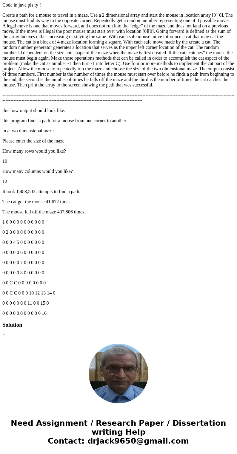 Code in java pls ty ! Create a path for a mouse to travel in a maze. Use a 2 dimensional array and start the mouse in location array [0][0]. The mouse must find