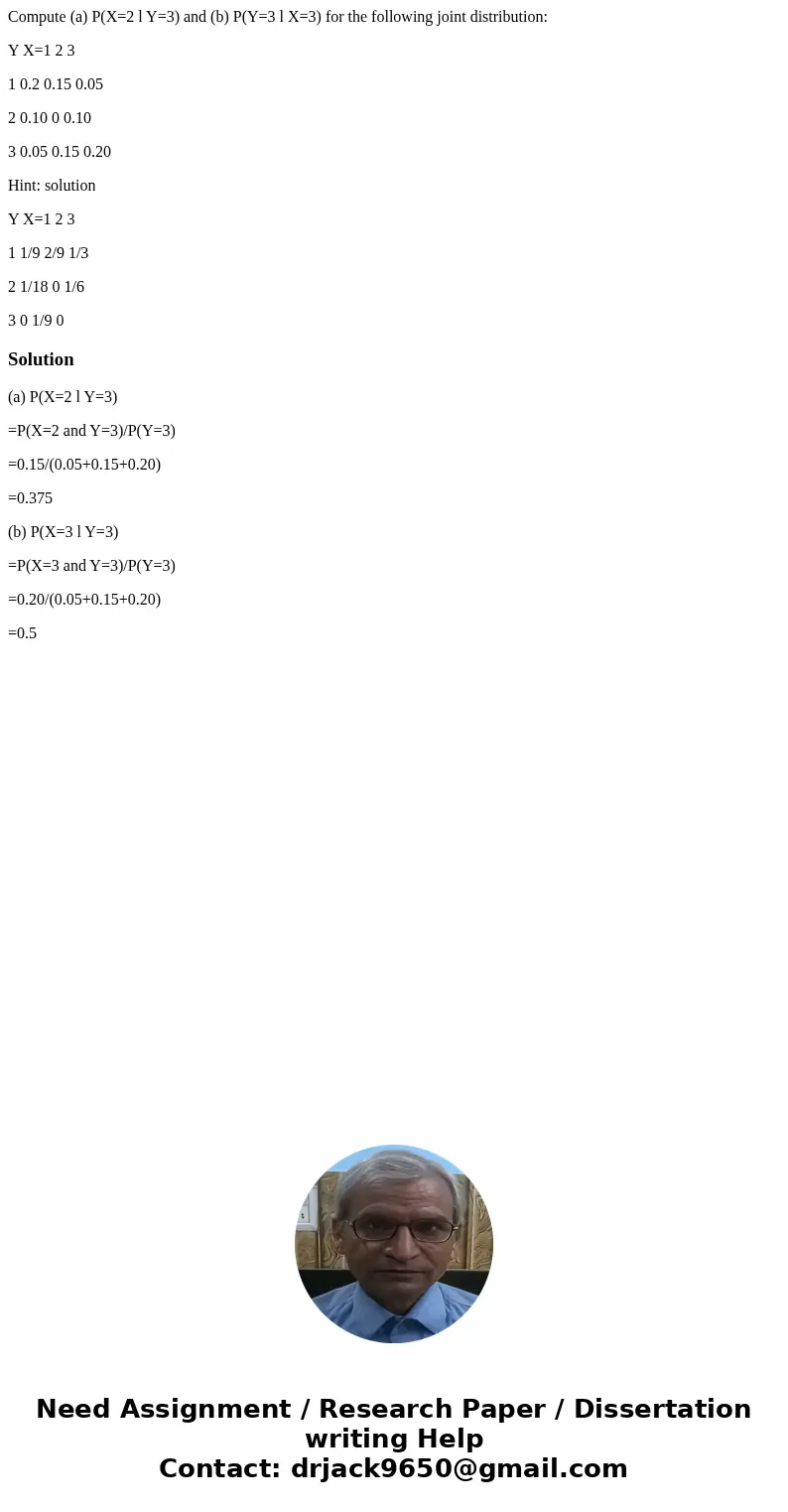 Compute (a) P(X=2 l Y=3) and (b) P(Y=3 l X=3) for the following joint distribution: Y X=1 2 3 1 0.2 0.15 0.05 2 0.10 0 0.10 3 0.05 0.15 0.20 Hint: solution Y X= Compute (a) P(X=2 l Y=3) and (b) P(Y=3 l X=3) for the following joint distribution: Y X=1 2 3 1 0.2 0.15 0.05 2 0.10 0 0.10 3 0.05 0.15 0.20 Hint: solution Y X=