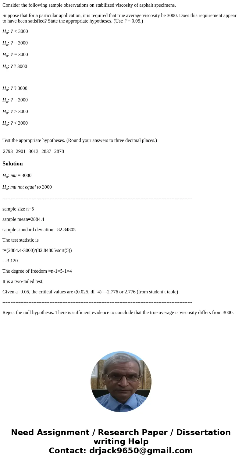 Consider the following sample observations on stabilized viscosity of asphalt specimens. Suppose that for a particular application, it is required that true ave Consider the following sample observations on stabilized viscosity of asphalt specimens. Suppose that for a particular application, it is required that true ave