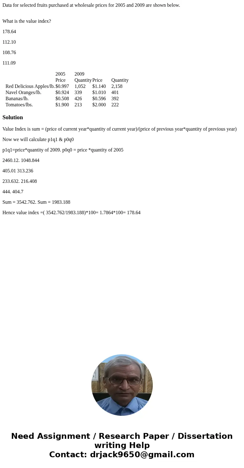 Data for selected fruits purchased at wholesale prices for 2005 and 2009 are shown below. What is the value index? 178.64 112.10 108.76 111.09 2005 2009 Price Q