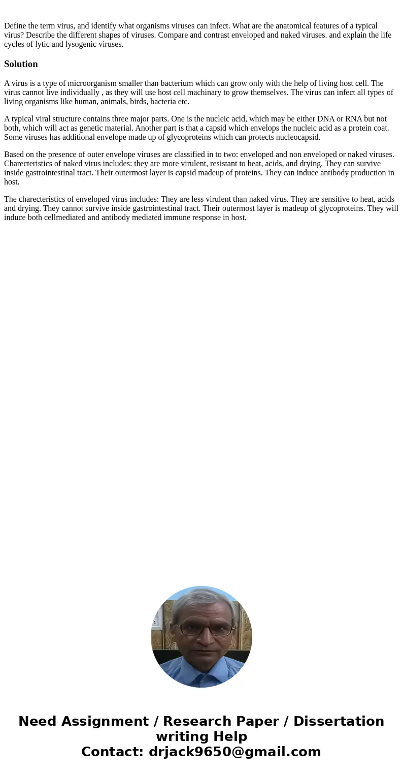 Define the term virus, and identify what organisms viruses can infect. What are the anatomical features of a typical virus? Describe the different shapes of vi  Define the term virus, and identify what organisms viruses can infect. What are the anatomical features of a typical virus? Describe the different shapes of vi