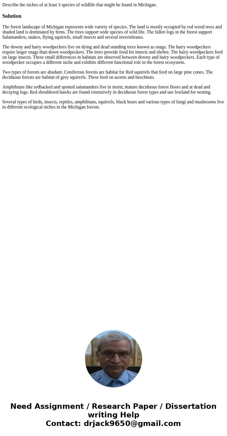 Describe the niches of at least 3 species of wildlife that might be found in Michigan.SolutionThe forest landscape of Michigan represents wide variety of specie Describe the niches of at least 3 species of wildlife that might be found in Michigan.SolutionThe forest landscape of Michigan represents wide variety of specie