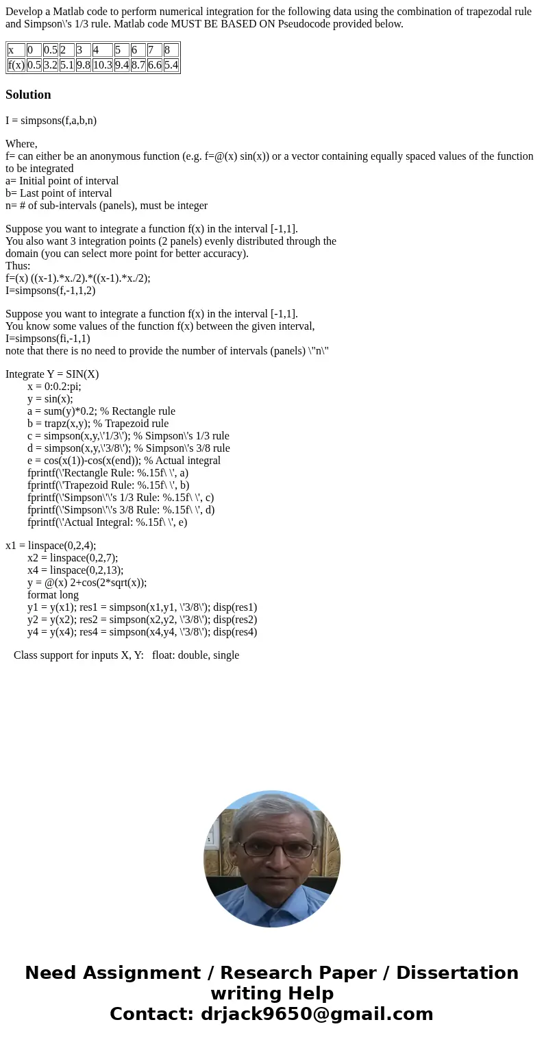 Develop a Matlab code to perform numerical integration for the following data using the combination of trapezodal rule and Simpson\'s 1/3 rule. Matlab code MUST Develop a Matlab code to perform numerical integration for the following data using the combination of trapezodal rule and Simpson\'s 1/3 rule. Matlab code MUST
