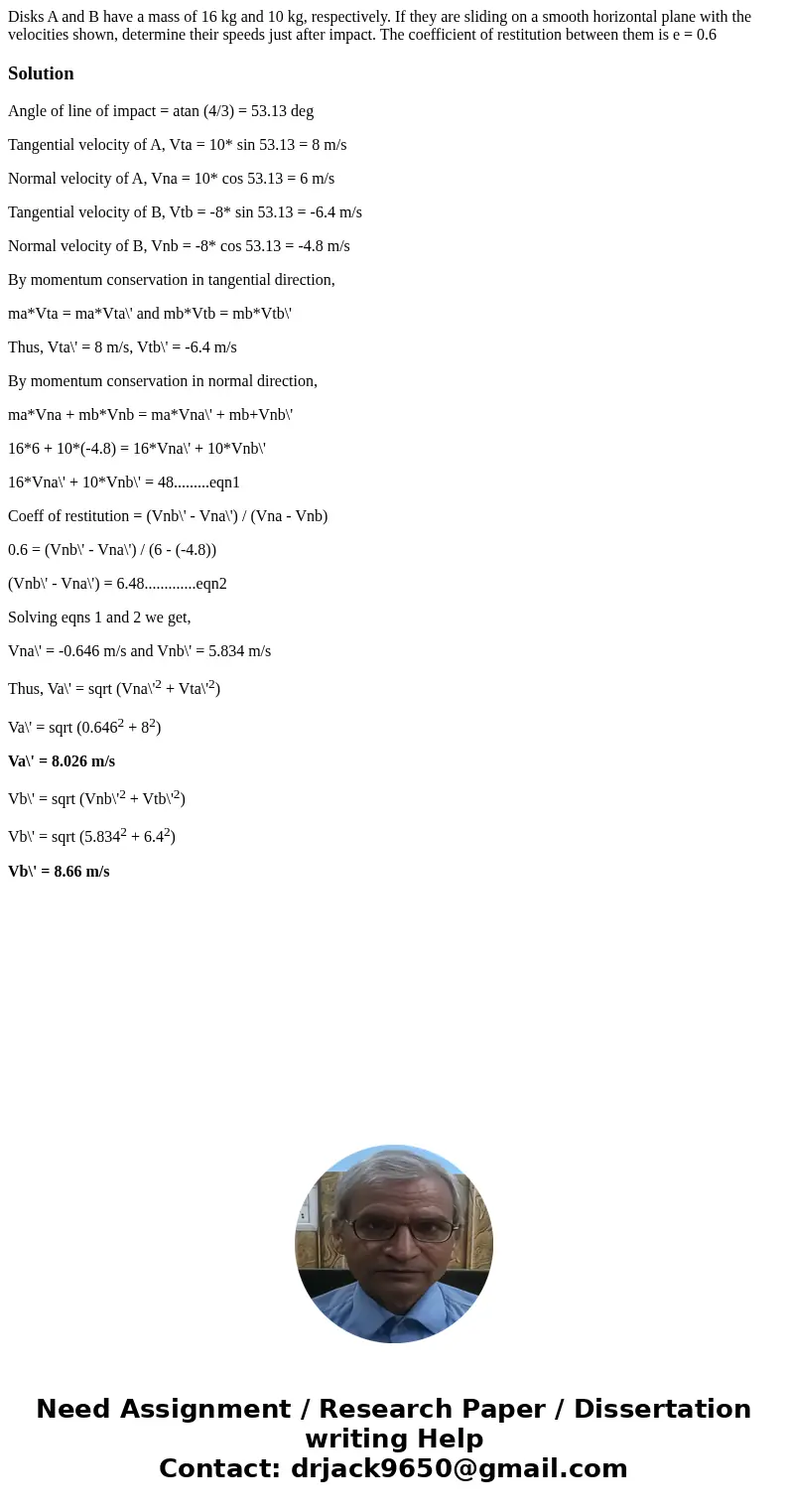 Disks A and B have a mass of 16 kg and 10 kg, respectively. If they are sliding on a smooth horizontal plane with the velocities shown, determine their speeds   Disks A and B have a mass of 16 kg and 10 kg, respectively. If they are sliding on a smooth horizontal plane with the velocities shown, determine their speeds