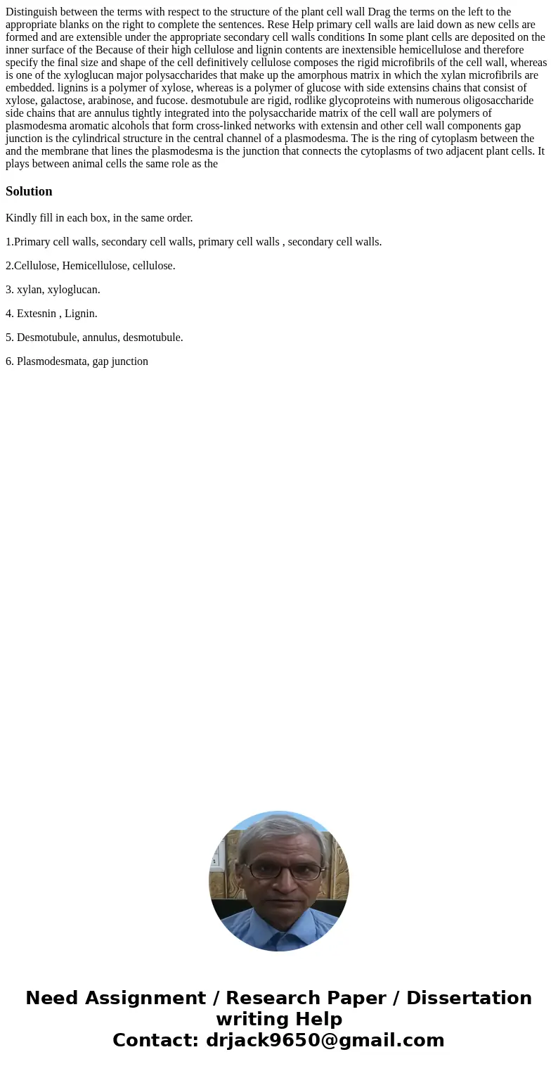  Distinguish between the terms with respect to the structure of the plant cell wall Drag the terms on the left to the appropriate blanks on the right to complet