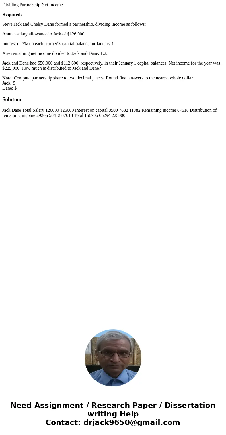 Dividing Partnership Net Income Required: Steve Jack and Chelsy Dane formed a partnership, dividing income as follows: Annual salary allowance to Jack of $126,0