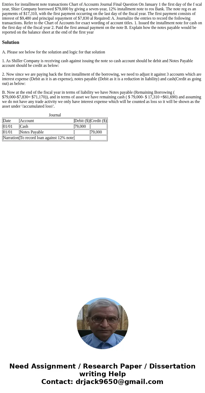  Entries for installment note transactions Chart of Accounts Journal Final Question On January 1 the first day of the f scal year, Shier Company borrowed $79,00