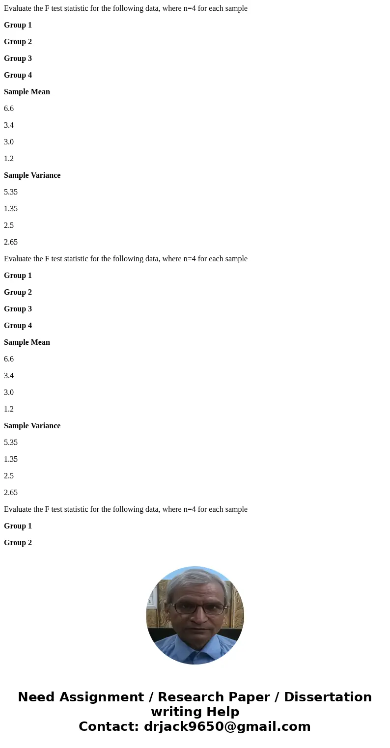 Evaluate the F test statistic for the following data, where n=4 for each sample Group 1 Group 2 Group 3 Group 4 Sample Mean 6.6 3.4 3.0 1.2 Sample Variance 5.35