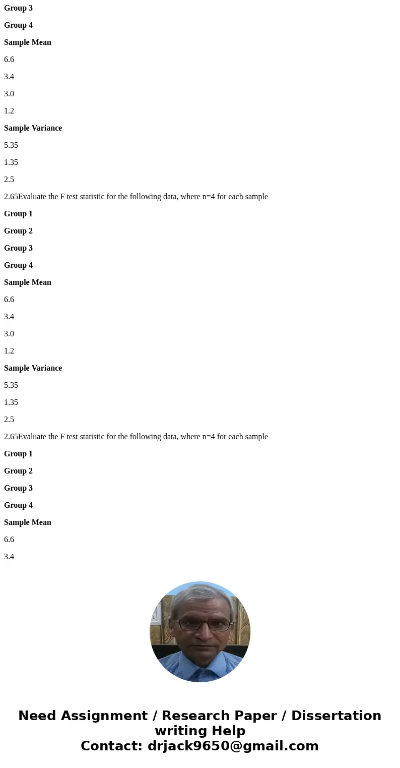 Evaluate the F test statistic for the following data, where n=4 for each sample Group 1 Group 2 Group 3 Group 4 Sample Mean 6.6 3.4 3.0 1.2 Sample Variance 5.35