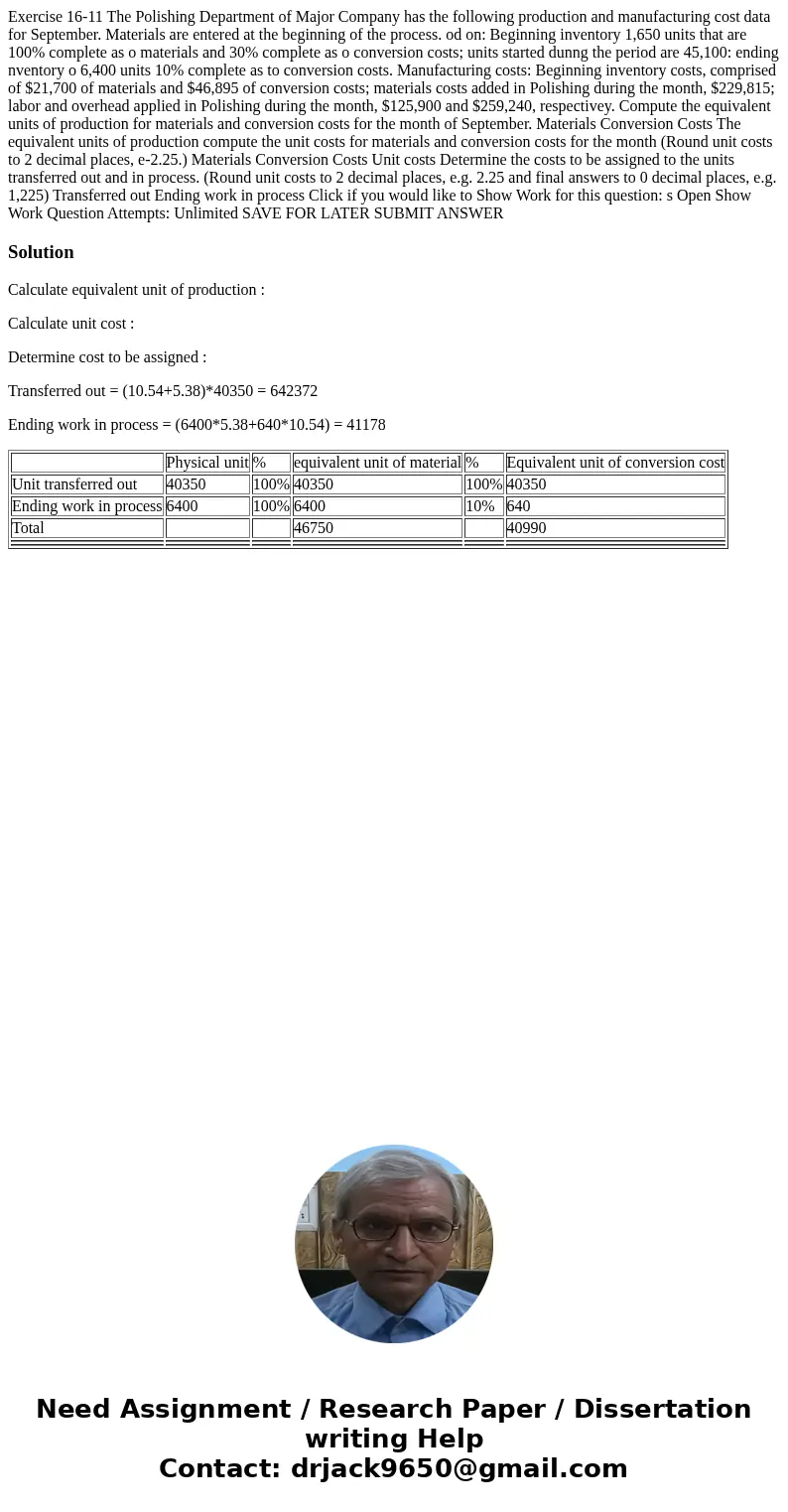 Exercise 16-11 The Polishing Department of Major Company has the following production and manufacturing cost data for September. Materials are entered at the b  Exercise 16-11 The Polishing Department of Major Company has the following production and manufacturing cost data for September. Materials are entered at the b