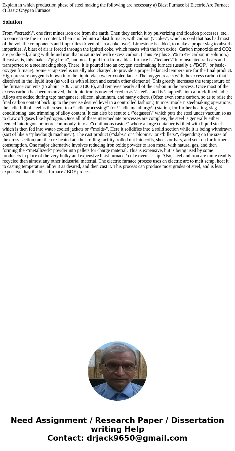 Explain in which production phase of steel making the following are necessary a) Blast Furnace b) Electric Arc Furnace c) Basic Onygen Furnace SolutionFrom \  Explain in which production phase of steel making the following are necessary a) Blast Furnace b) Electric Arc Furnace c) Basic Onygen Furnace SolutionFrom \