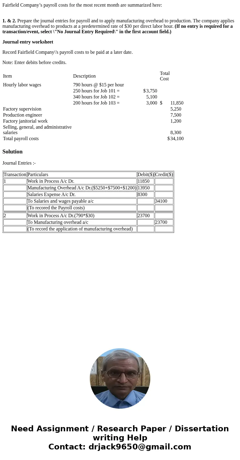 Fairfield Company’s payroll costs for the most recent month are summarized here: 1. & 2. Prepare the journal entries for payroll and to apply manufacturing 