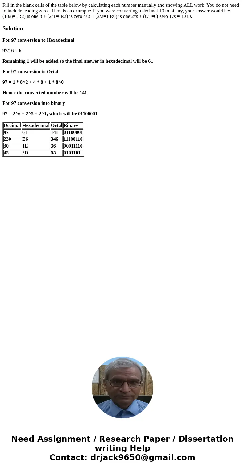 Fill in the blank cells of the table below by calculating each number manually and showing ALL work. You do not need to include leading zeros. Here is an examp  Fill in the blank cells of the table below by calculating each number manually and showing ALL work. You do not need to include leading zeros. Here is an examp