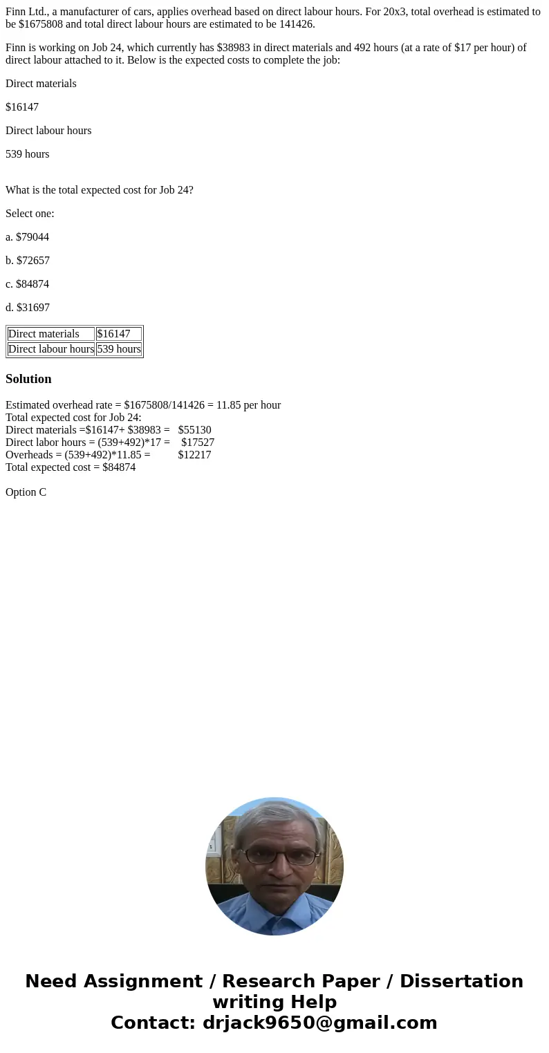 Finn Ltd., a manufacturer of cars, applies overhead based on direct labour hours. For 20x3, total overhead is estimated to be $1675808 and total direct labour h Finn Ltd., a manufacturer of cars, applies overhead based on direct labour hours. For 20x3, total overhead is estimated to be $1675808 and total direct labour h
