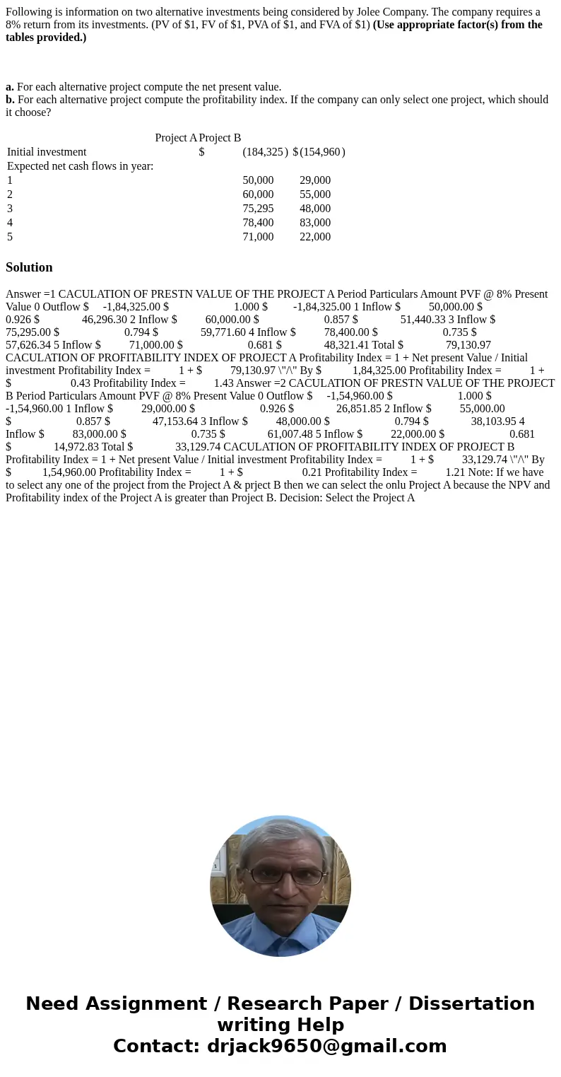 Following is information on two alternative investments being considered by Jolee Company. The company requires a 8% return from its investments. (PV of $1, FV 