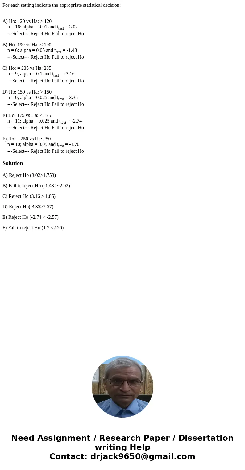 For each setting indicate the appropriate statistical decision: A) Ho: 120 vs Ha: > 120 n = 16; alpha = 0.01 and ttest = 3.02 ---Select--- Reject Ho Fail to  For each setting indicate the appropriate statistical decision: A) Ho: 120 vs Ha: > 120 n = 16; alpha = 0.01 and ttest = 3.02 ---Select--- Reject Ho Fail to