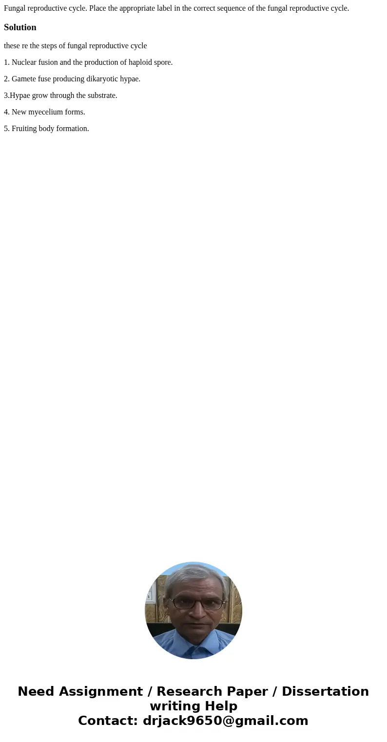 Fungal reproductive cycle. Place the appropriate label in the correct sequence of the fungal reproductive cycle. Solutionthese re the steps of fungal reproduct  Fungal reproductive cycle. Place the appropriate label in the correct sequence of the fungal reproductive cycle. Solutionthese re the steps of fungal reproduct