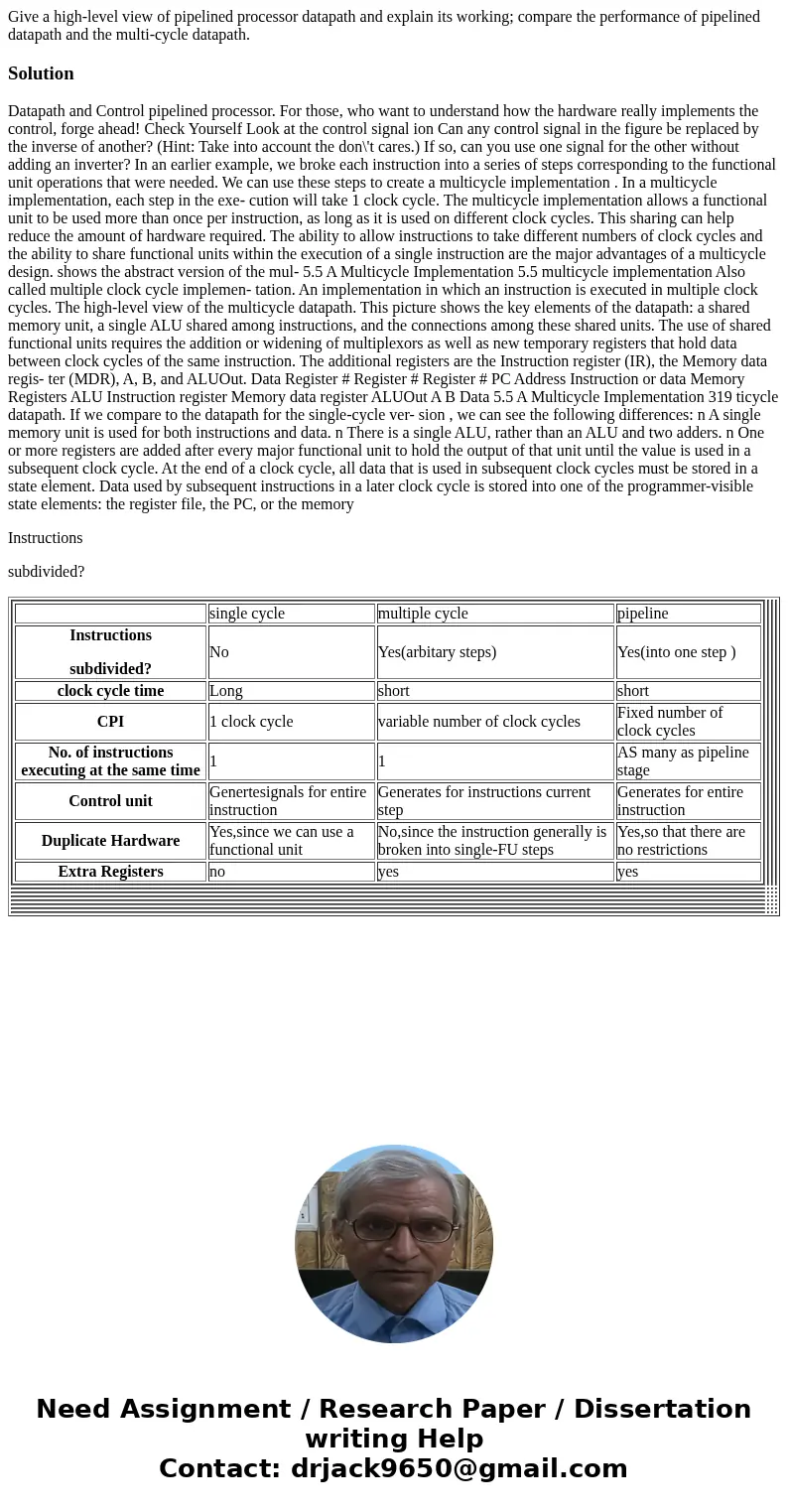 Give a high-level view of pipelined processor datapath and explain its working; compare the performance of pipelined datapath and the multi-cycle datapath.Solut Give a high-level view of pipelined processor datapath and explain its working; compare the performance of pipelined datapath and the multi-cycle datapath.Solut