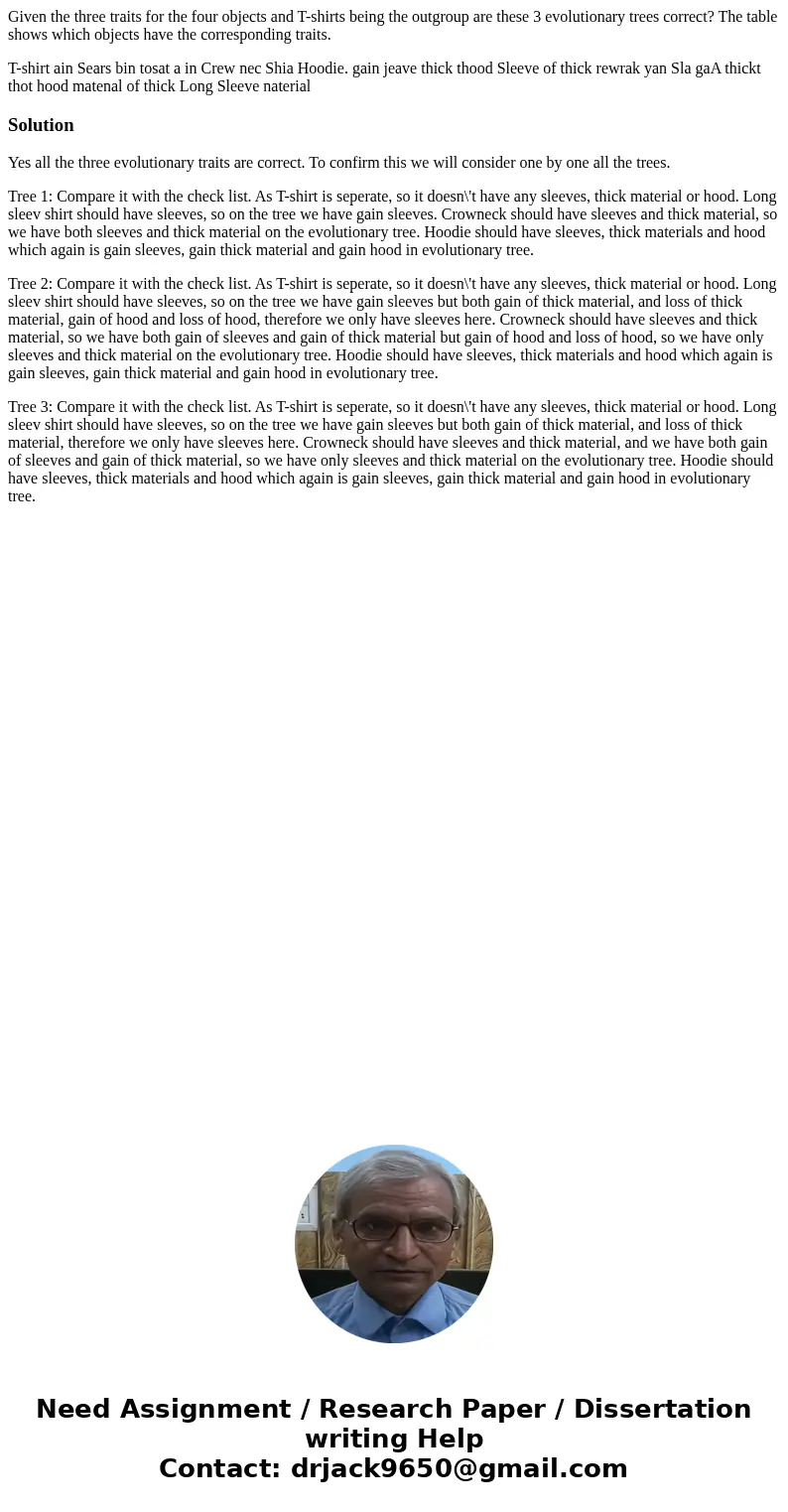 Given the three traits for the four objects and T-shirts being the outgroup are these 3 evolutionary trees correct? The table shows which objects have the corre Given the three traits for the four objects and T-shirts being the outgroup are these 3 evolutionary trees correct? The table shows which objects have the corre