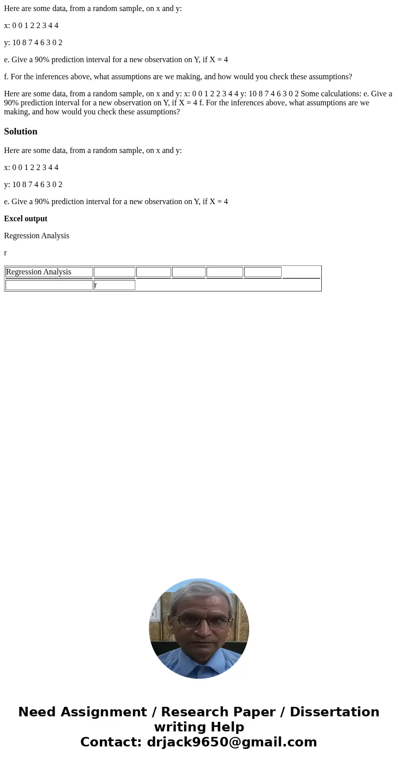 Here are some data, from a random sample, on x and y: x: 0 0 1 2 2 3 4 4 y: 10 8 7 4 6 3 0 2 e. Give a 90% prediction interval for a new observation on Y, if X 