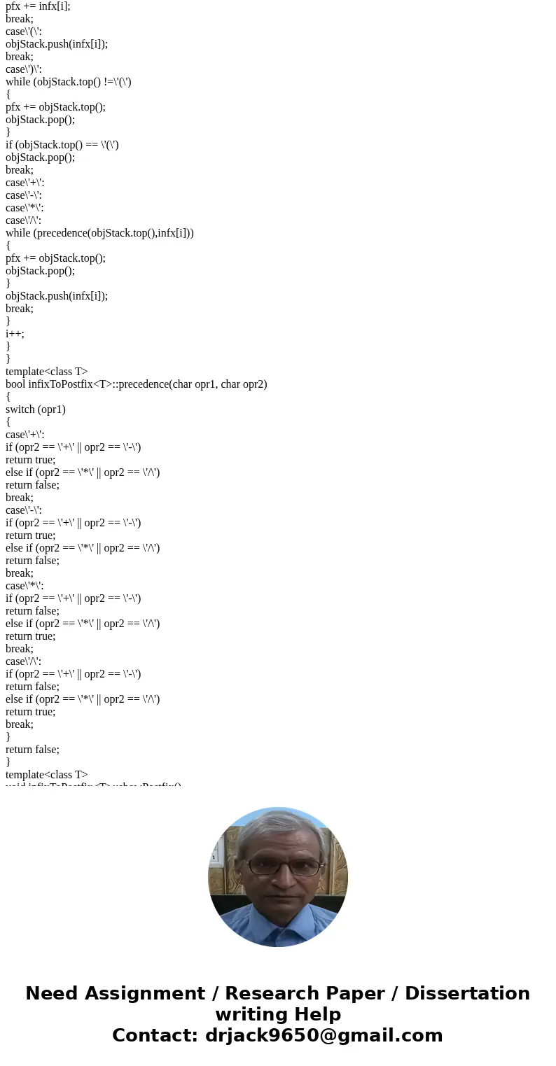 I need help the Data Structure in c++ error infixToPostfix here is my source code #include #include #include using namespace std; template class infixToPostfix  I need help the Data Structure in c++ error infixToPostfix here is my source code #include #include #include using namespace std; template class infixToPostfix