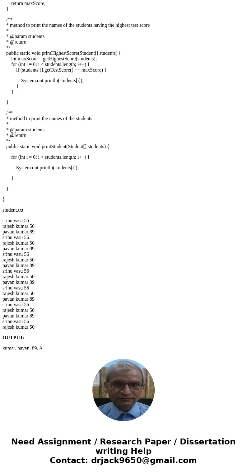 I need help writing a JAVA program that will read students’ names followed by their test scores. The program should output each student’s name followed by the t I need help writing a JAVA program that will read students’ names followed by their test scores. The program should output each student’s name followed by the t