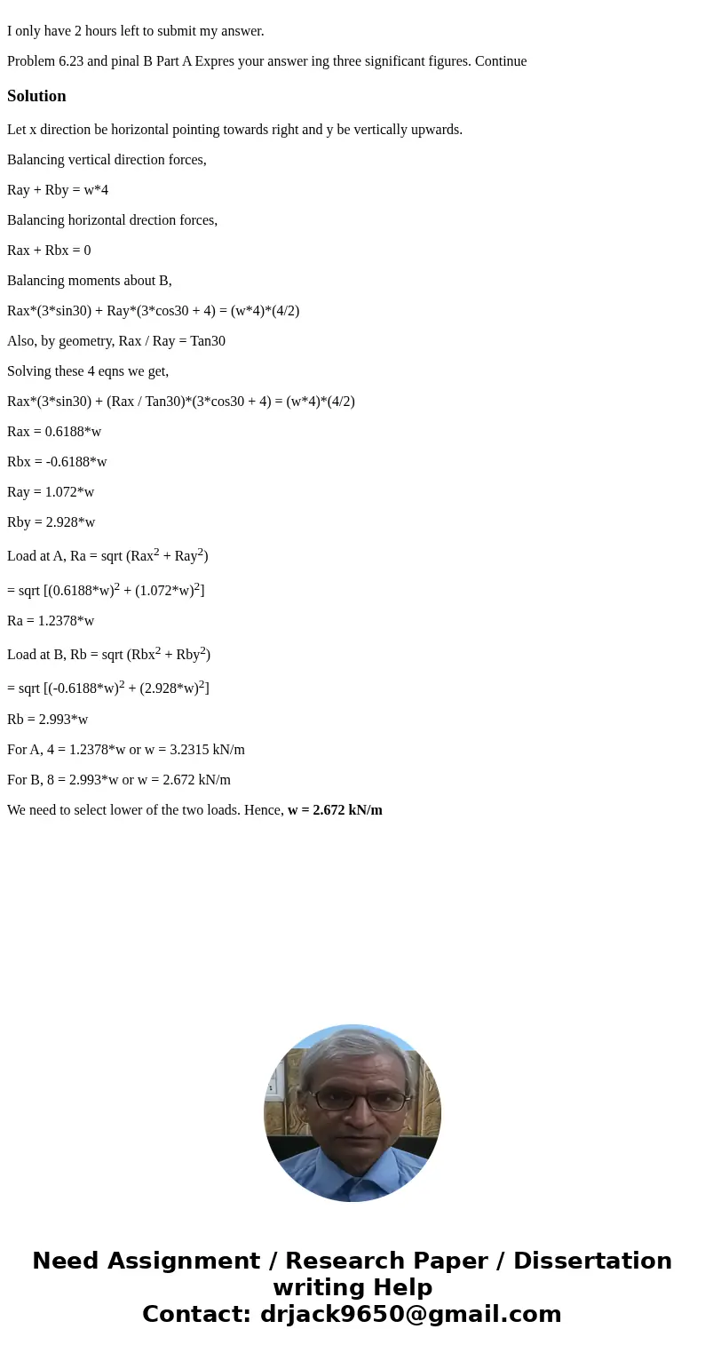 I only have 2 hours left to submit my answer. Problem 6.23 and pinal B Part A Expres your answer ing three significant figures. Continue SolutionLet x directio  I only have 2 hours left to submit my answer. Problem 6.23 and pinal B Part A Expres your answer ing three significant figures. Continue SolutionLet x directio