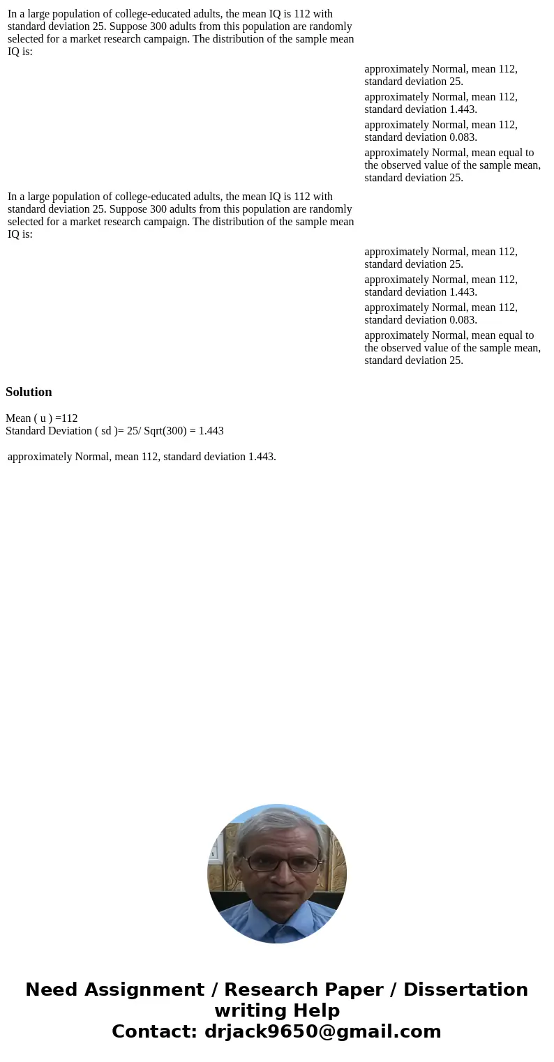  In a large population of college-educated adults, the mean IQ is 112 with standard deviation 25. Suppose 300 adults from this population are randomly selected 
