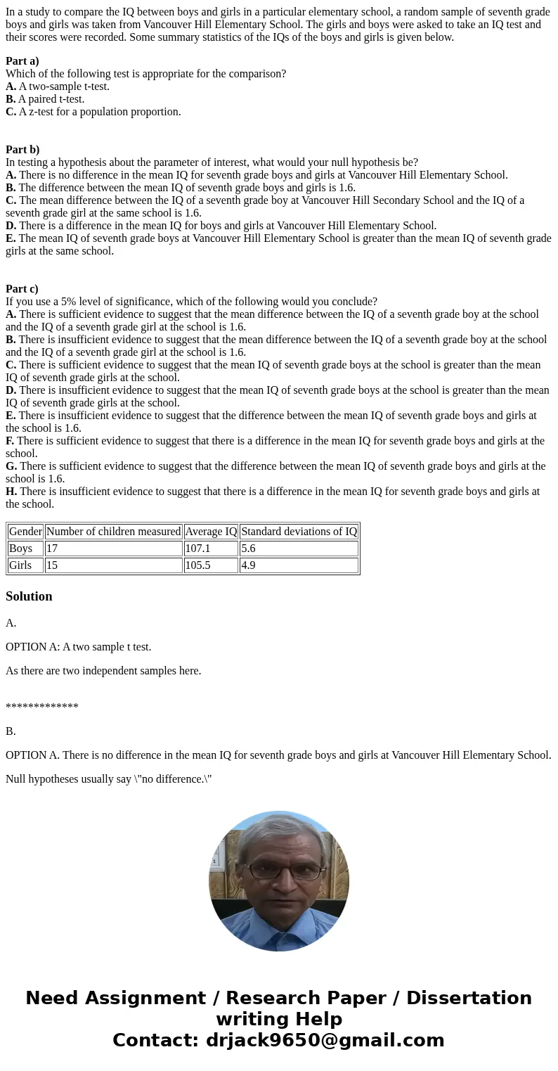 In a study to compare the IQ between boys and girls in a particular elementary school, a random sample of seventh grade boys and girls was taken from Vancouver  In a study to compare the IQ between boys and girls in a particular elementary school, a random sample of seventh grade boys and girls was taken from Vancouver