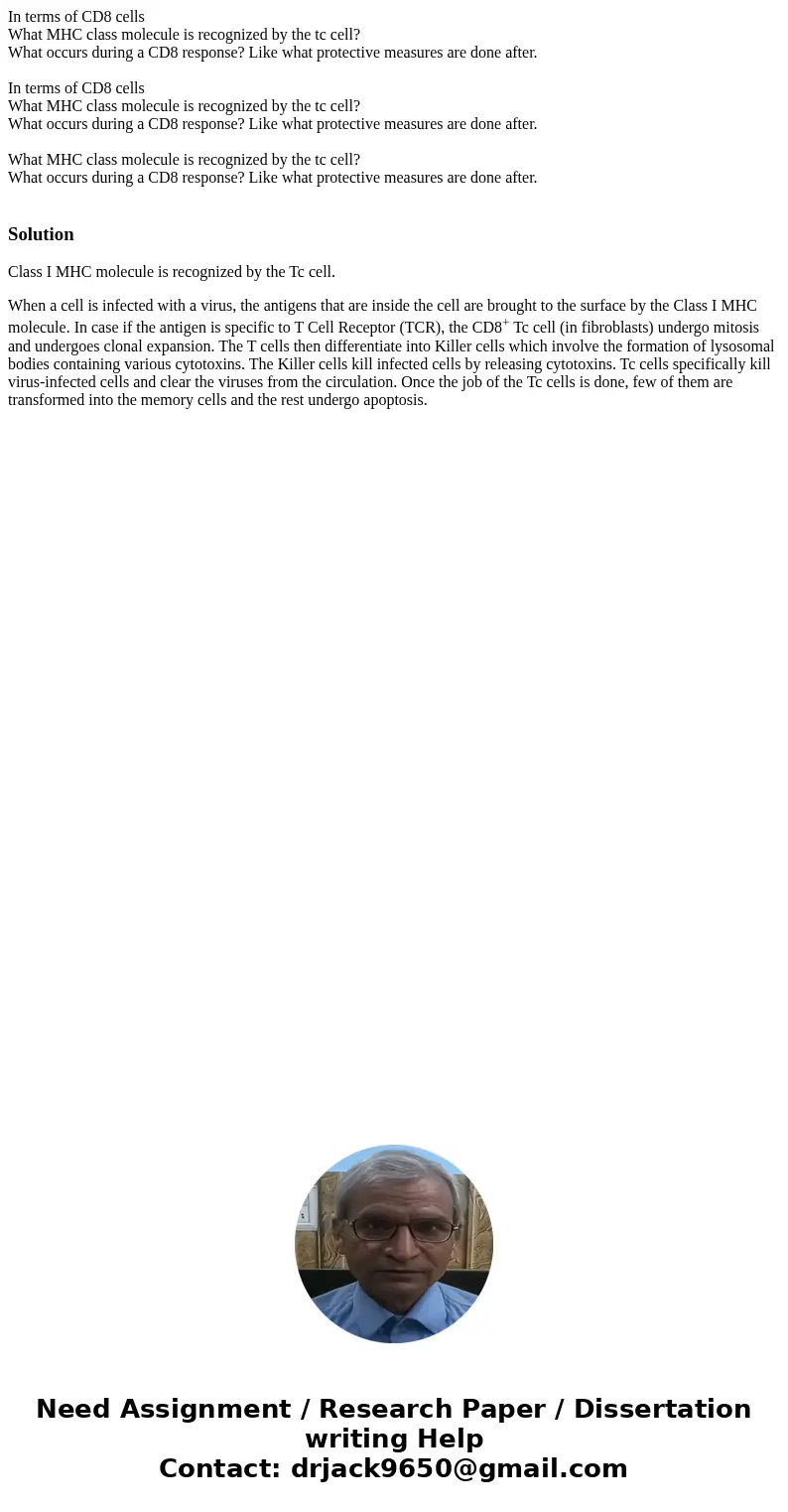 In terms of CD8 cells What MHC class molecule is recognized by the tc cell? What occurs during a CD8 response? Like what protective measures are done after. In  In terms of CD8 cells What MHC class molecule is recognized by the tc cell? What occurs during a CD8 response? Like what protective measures are done after. In