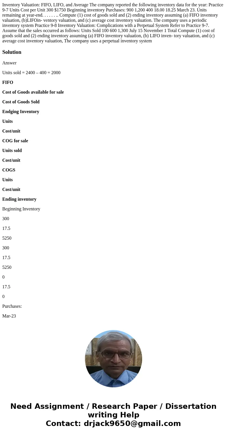  Inventory Valuation: FIFO, LIFO, and Average The company reported the following inventory data for the year: Practice 9-7 Units Cost per Unit 300 $1750 Beginni