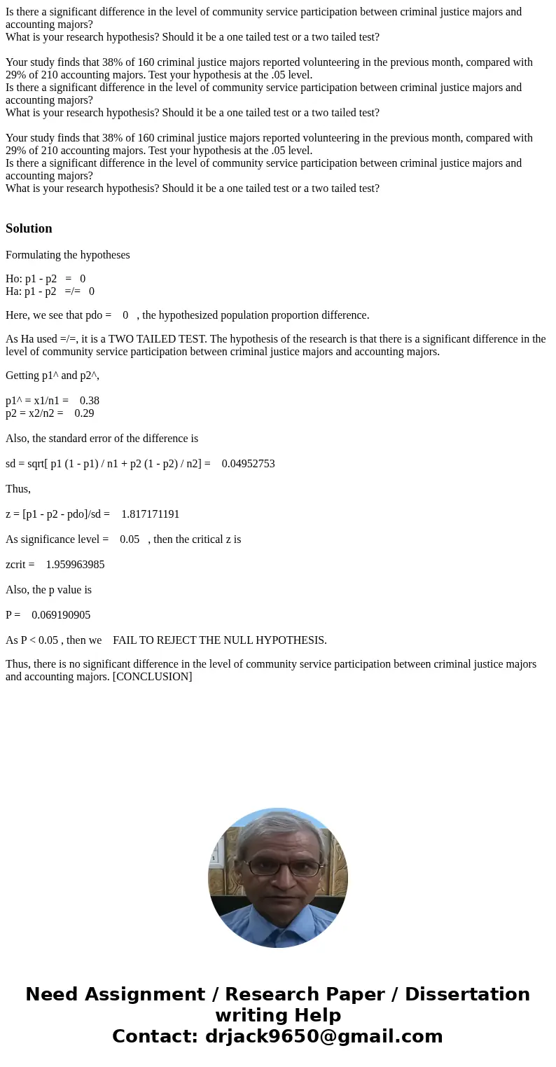 Is there a significant difference in the level of community service participation between criminal justice majors and accounting majors? What is your research   Is there a significant difference in the level of community service participation between criminal justice majors and accounting majors? What is your research