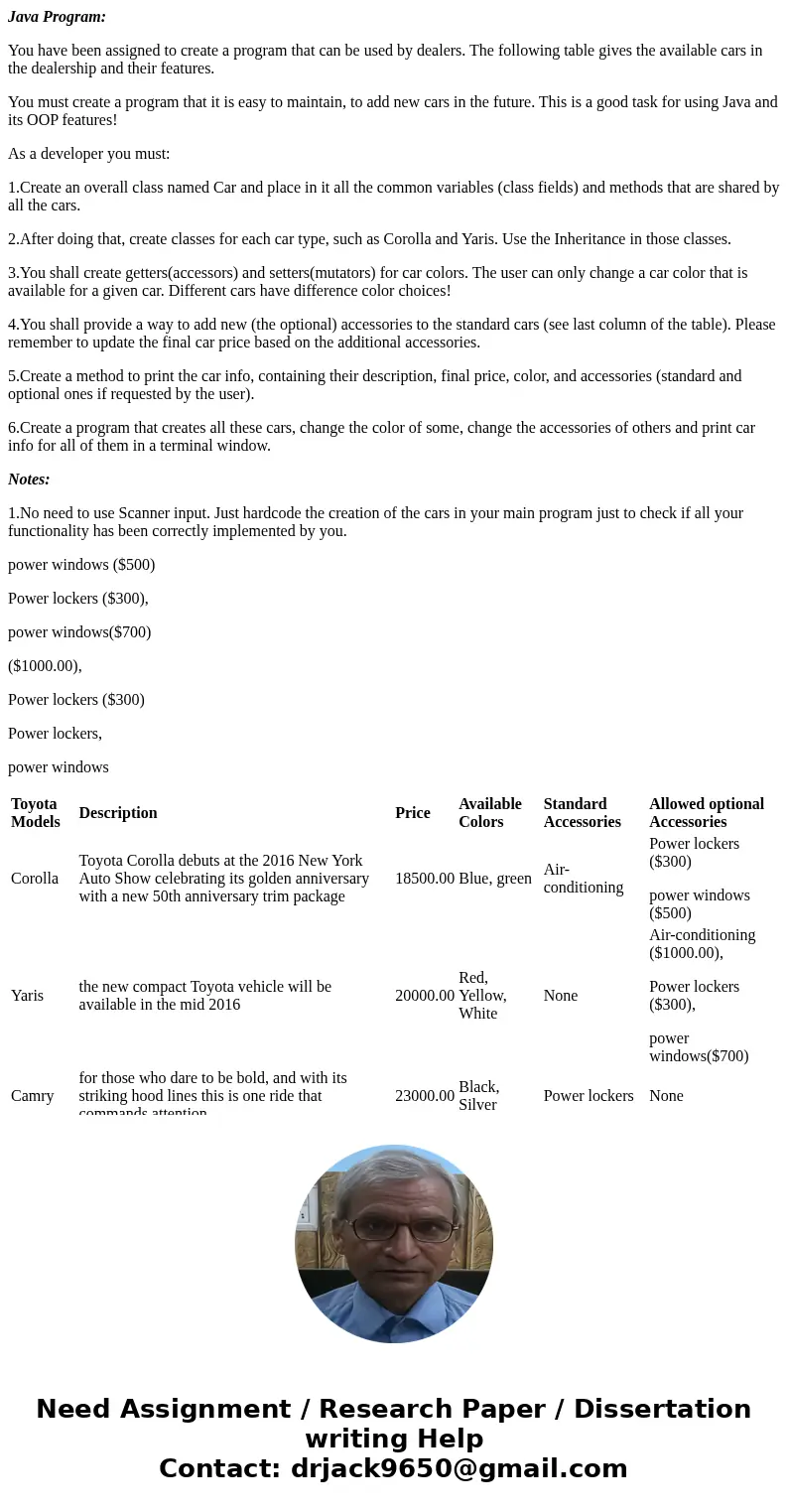 Java Program: You have been assigned to create a program that can be used by dealers. The following table gives the available cars in the dealership and their f