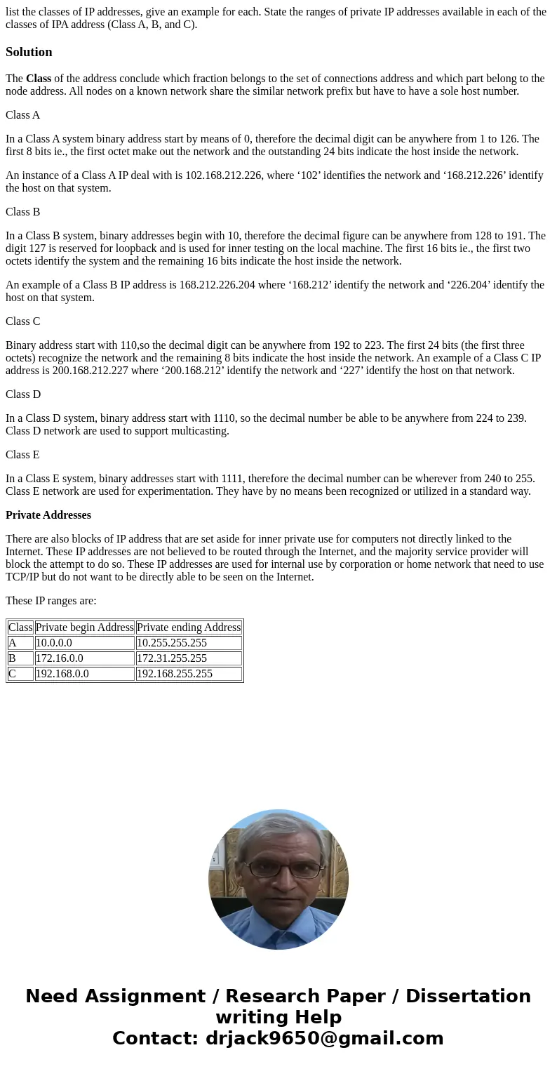 list the classes of IP addresses, give an example for each. State the ranges of private IP addresses available in each of the classes of IPA address (Class A, B list the classes of IP addresses, give an example for each. State the ranges of private IP addresses available in each of the classes of IPA address (Class A, B