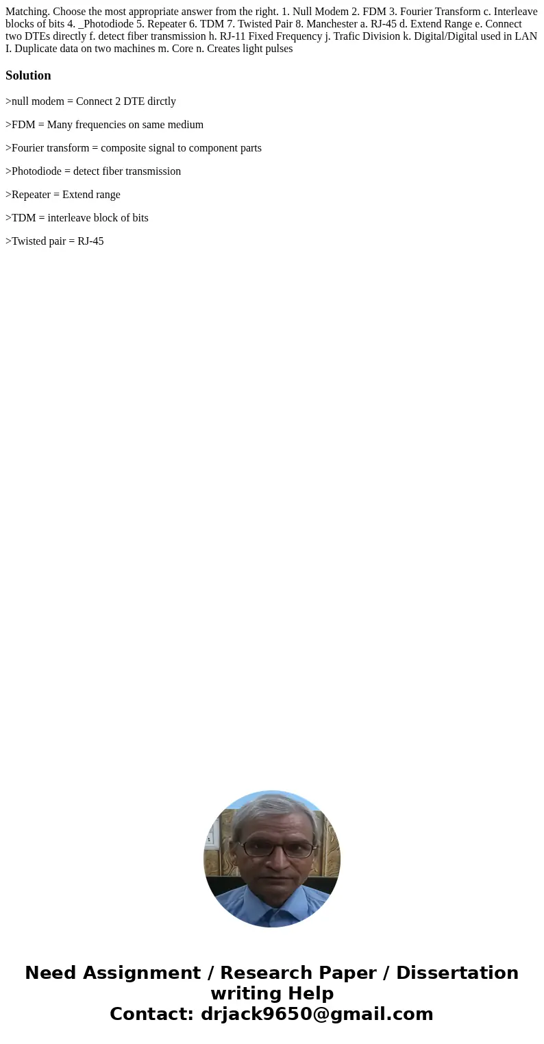 Matching. Choose the most appropriate answer from the right. 1. Null Modem 2. FDM 3. Fourier Transform c. Interleave blocks of bits 4. _Photodiode 5. Repeater   Matching. Choose the most appropriate answer from the right. 1. Null Modem 2. FDM 3. Fourier Transform c. Interleave blocks of bits 4. _Photodiode 5. Repeater