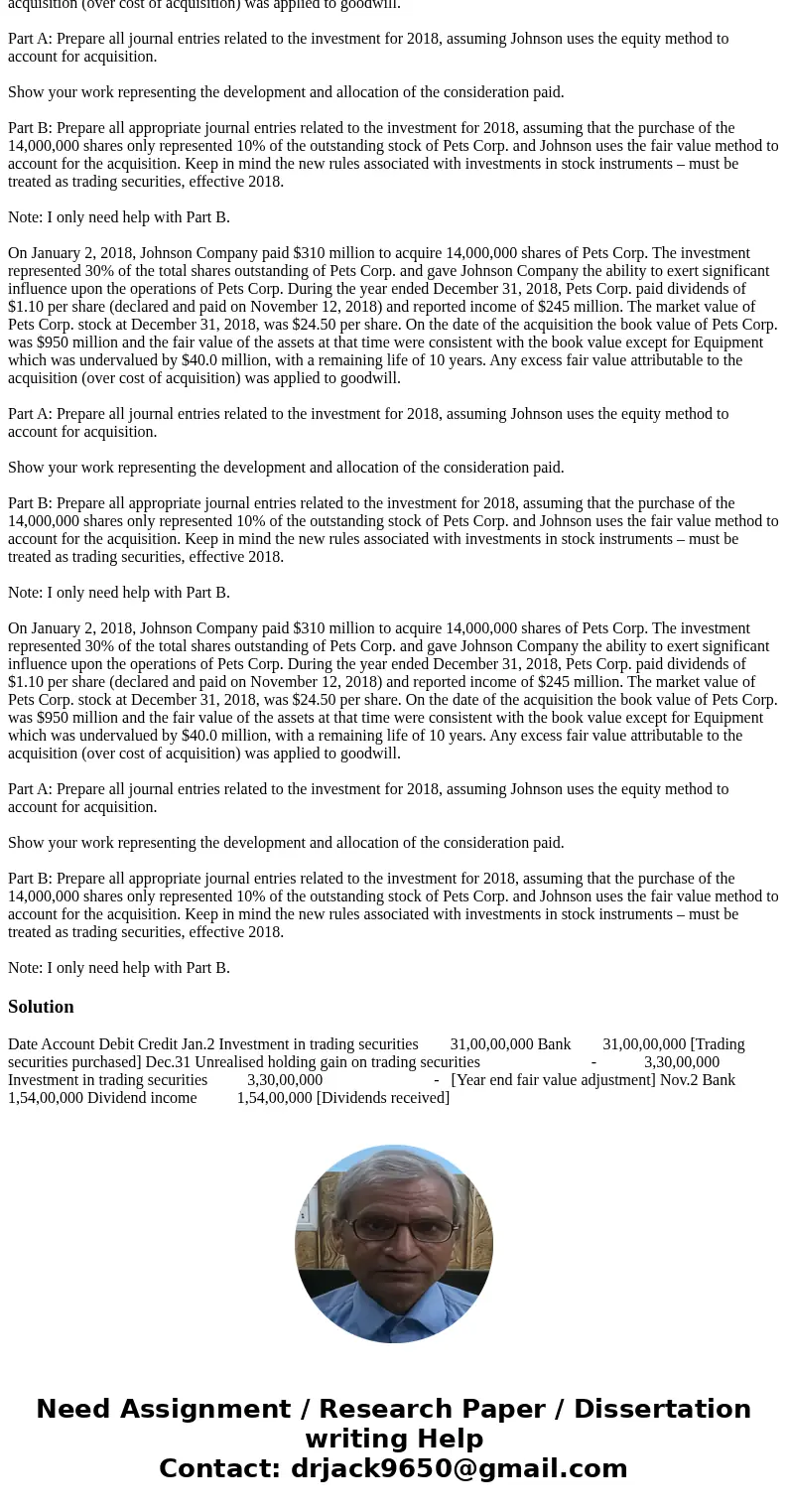 On January 2, 2018, Johnson Company paid $310 million to acquire 14,000,000 shares of Pets Corp. The investment represented 30% of the total shares outstanding  On January 2, 2018, Johnson Company paid $310 million to acquire 14,000,000 shares of Pets Corp. The investment represented 30% of the total shares outstanding