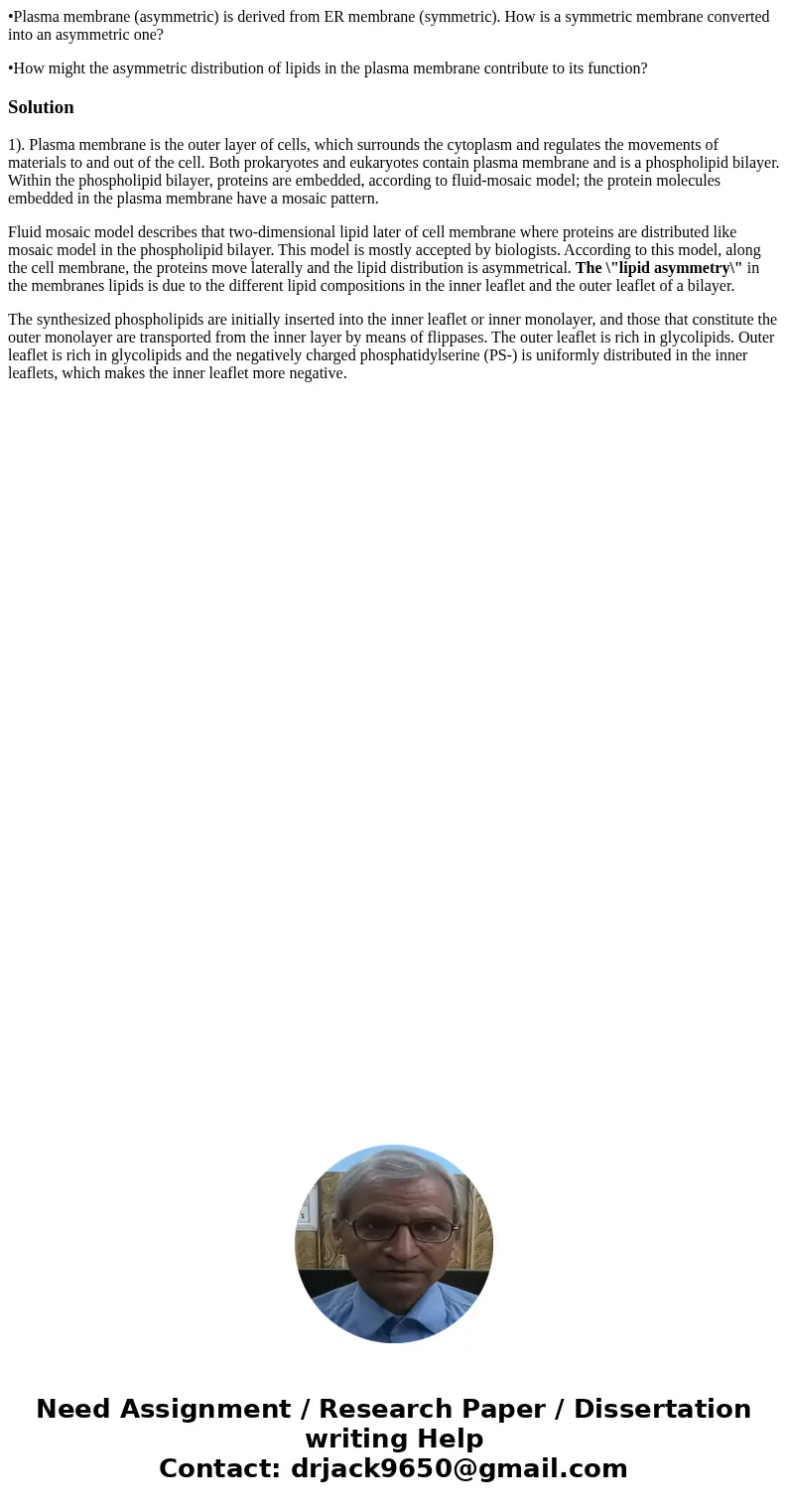 •Plasma membrane (asymmetric) is derived from ER membrane (symmetric). How is a symmetric membrane converted into an asymmetric one? •How might the asymmetric d •Plasma membrane (asymmetric) is derived from ER membrane (symmetric). How is a symmetric membrane converted into an asymmetric one? •How might the asymmetric d