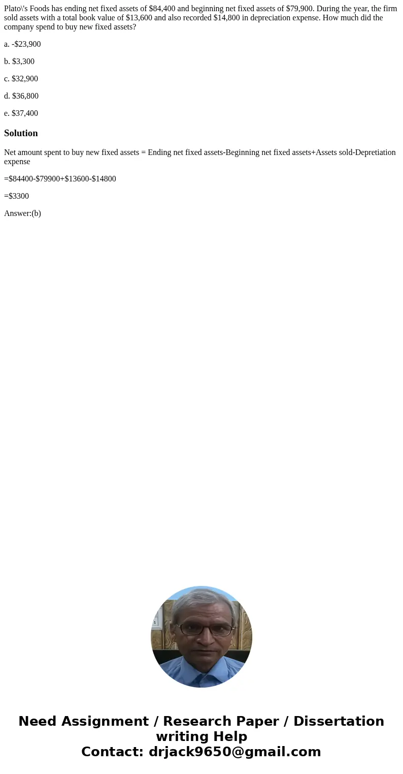 Plato\'s Foods has ending net fixed assets of $84,400 and beginning net fixed assets of $79,900. During the year, the firm sold assets with a total book value o Plato\'s Foods has ending net fixed assets of $84,400 and beginning net fixed assets of $79,900. During the year, the firm sold assets with a total book value o