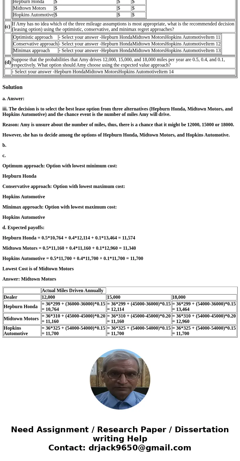 Problem 12-3 Amy Lloyd is interested in leasing a new Honda and has contacted three automobile dealers for pricing information. Each dealer offered Amy a closed