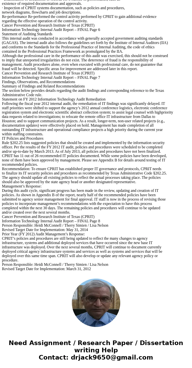 Qestions: 1) a) Using the IT audit report for the Cancer Prevention and Research Institute of Texas (in the Readings tab), find examples of the items that are s Qestions: 1) a) Using the IT audit report for the Cancer Prevention and Research Institute of Texas (in the Readings tab), find examples of the items that are s