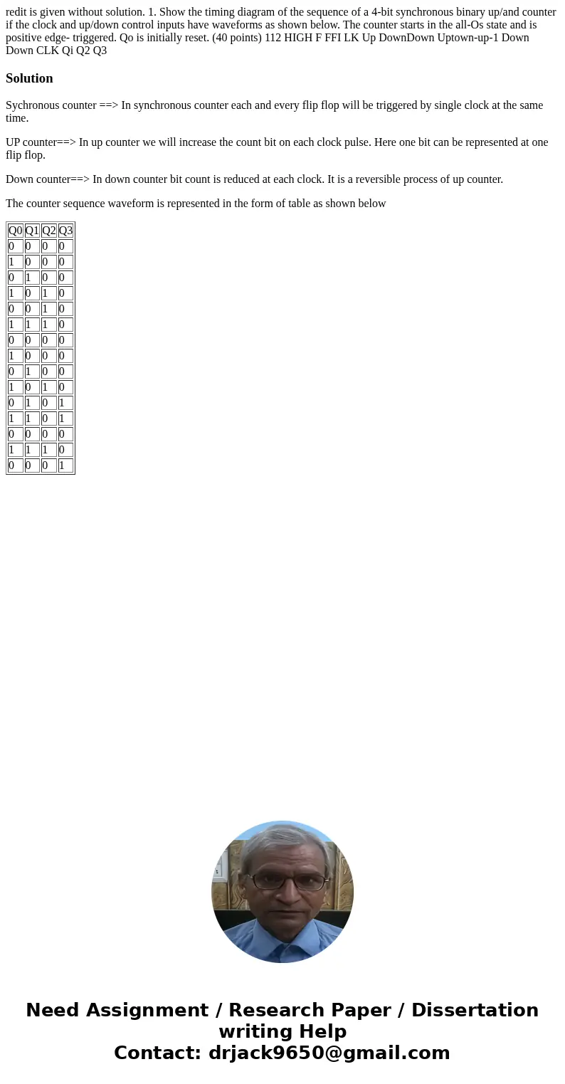 redit is given without solution. 1. Show the timing diagram of the sequence of a 4-bit synchronous binary up/and counter if the clock and up/down control input  redit is given without solution. 1. Show the timing diagram of the sequence of a 4-bit synchronous binary up/and counter if the clock and up/down control input