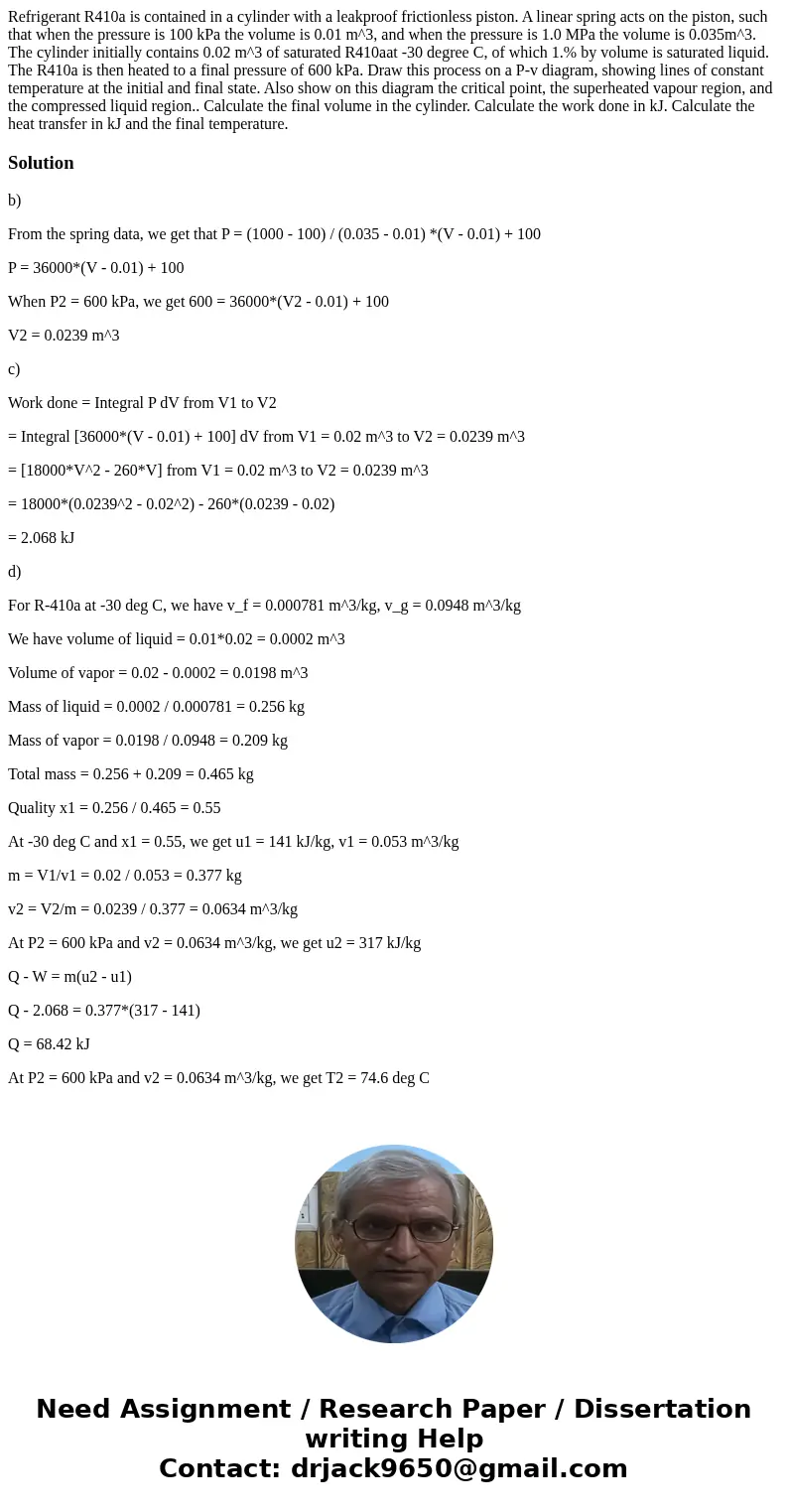 Refrigerant R410a is contained in a cylinder with a leakproof frictionless piston. A linear spring acts on the piston, such that when the pressure is 100 kPa t  Refrigerant R410a is contained in a cylinder with a leakproof frictionless piston. A linear spring acts on the piston, such that when the pressure is 100 kPa t