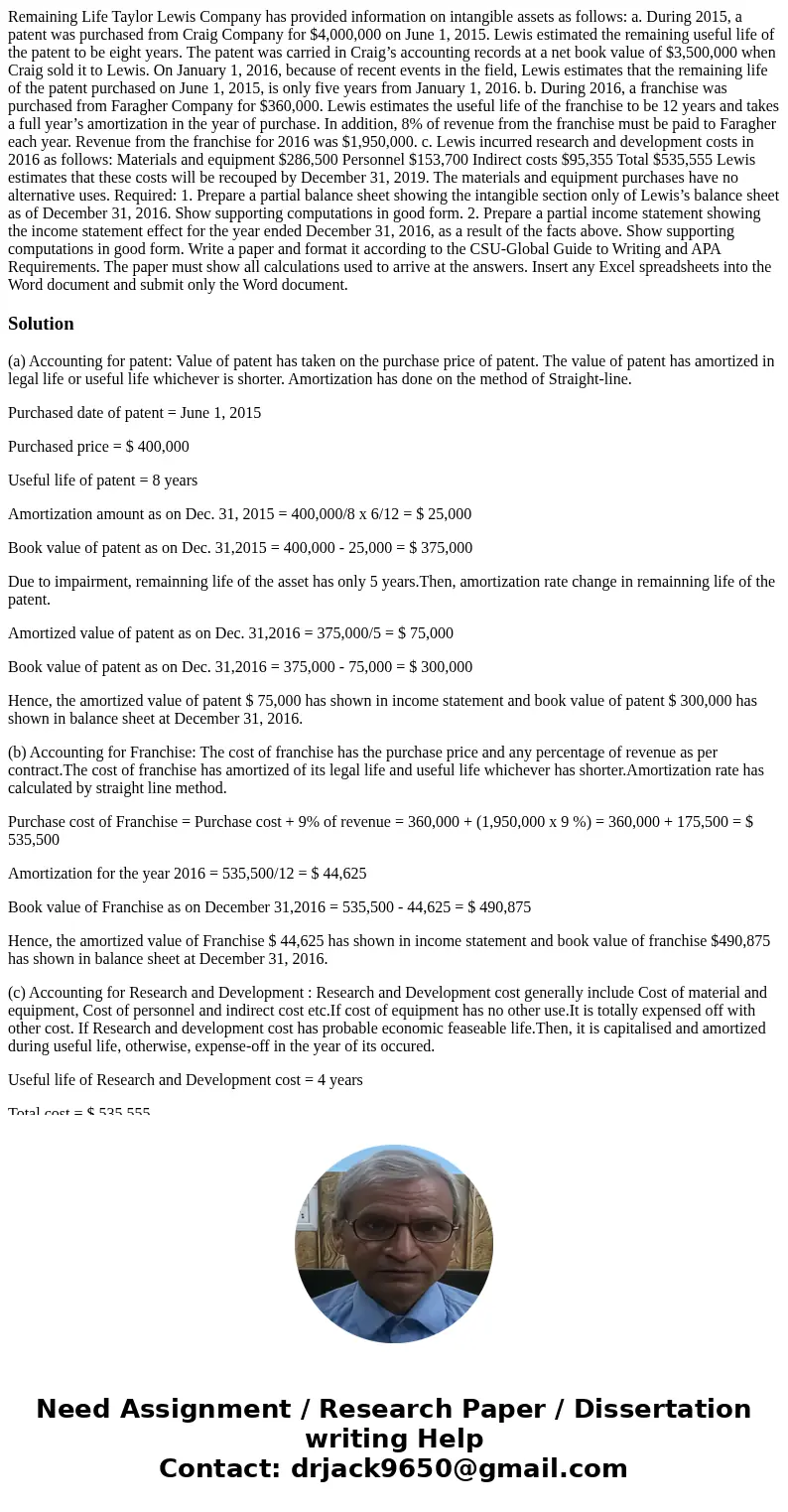 Remaining Life Taylor Lewis Company has provided information on intangible assets as follows: a. During 2015, a patent was purchased from Craig Company for $4,0 Remaining Life Taylor Lewis Company has provided information on intangible assets as follows: a. During 2015, a patent was purchased from Craig Company for $4,0