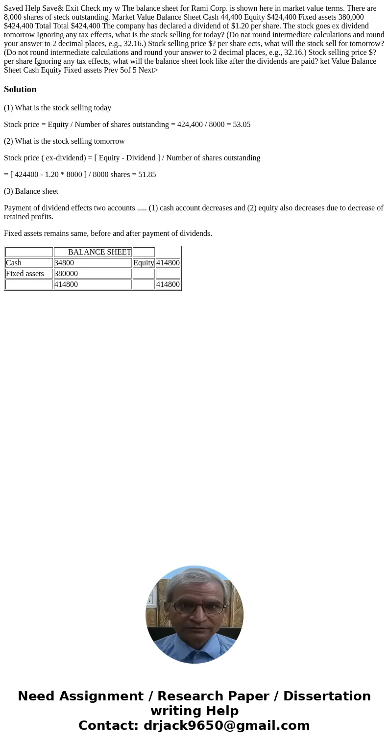  Saved Help Save& Exit Check my w The balance sheet for Rami Corp. is shown here in market value terms. There are 8,000 shares of steck outstanding. Market 